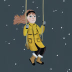 Illustration of a child in a yellow raincoat on a swing against a dark background with snowflakes.