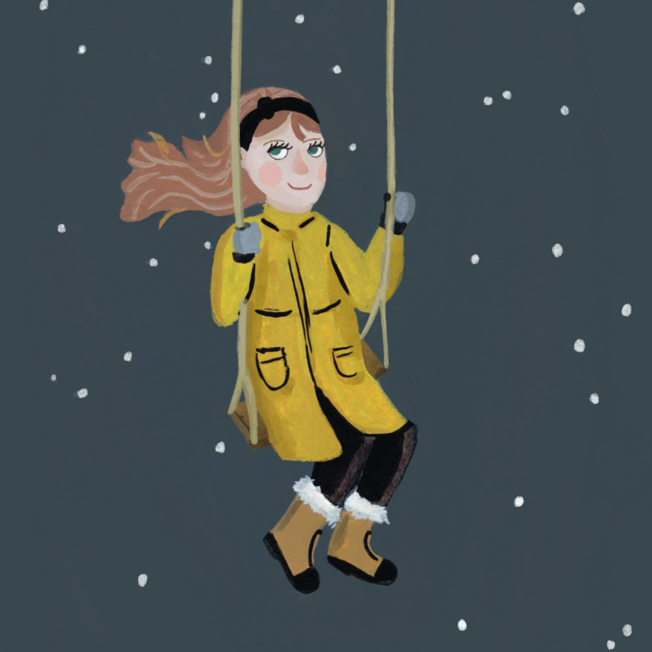 Illustration of a child in a yellow raincoat on a swing against a dark background with snowflakes.