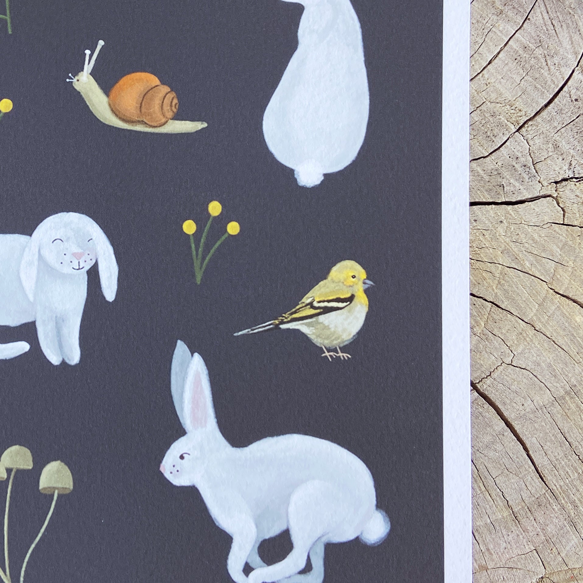 Pattern of rabbits, birds, and snails on a dark background with a wooden texture.