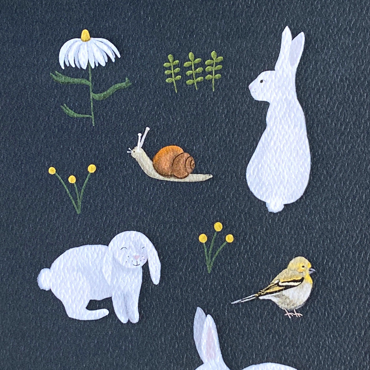 Close up spring greeting card illustration of a rabbit, bird, snail, and flowers on a textured dark background