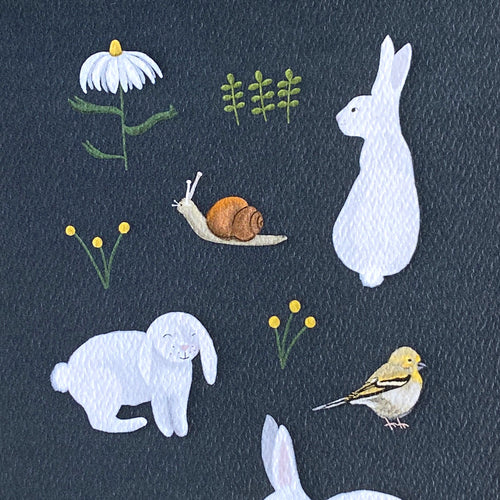 Close up spring greeting card illustration of a rabbit, bird, snail, and flowers on a textured dark background