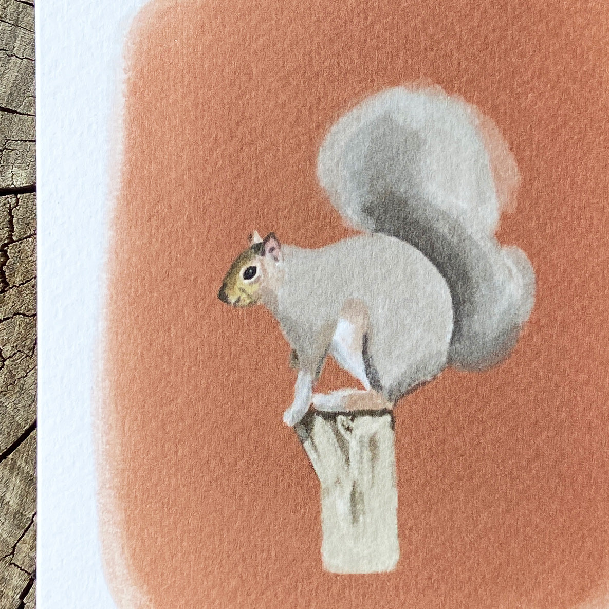 Illustration of a squirrel on a branch with a on a orange brown background