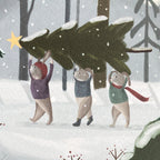 Close up Illustration of holiday greeting card featuring three rabbits carrying a Christmas tree through a snowy forest.