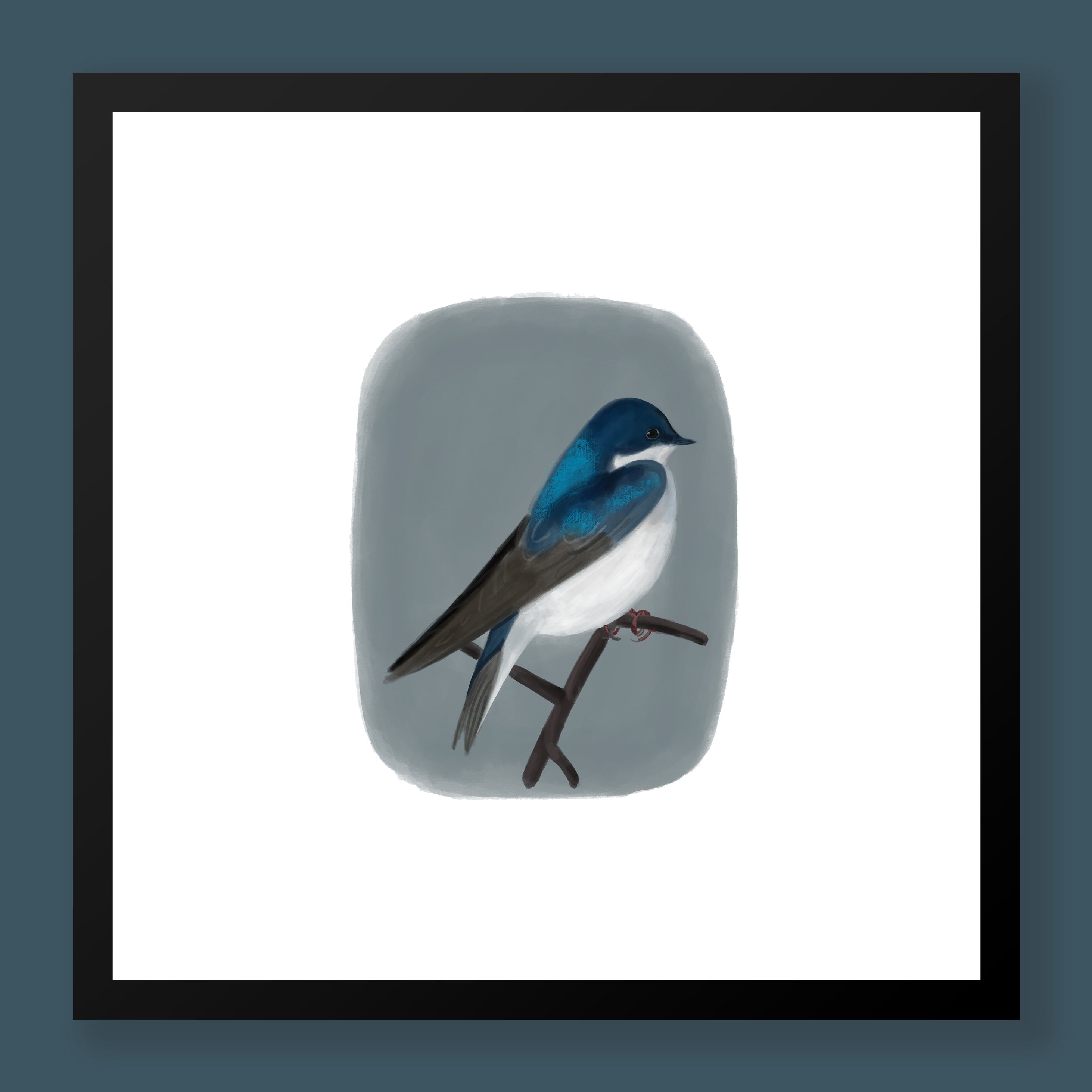 Framed artwork of a blue and white bird on a gray background