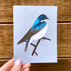 A hand holds a greeting card featuring a detailed illustration of a tree swallow perched on a branch, set against a light blue-gray background. The card is shown against a rustic wooden surface.