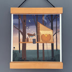 Treehouse art featuring a bear, framed in a wooden frame.