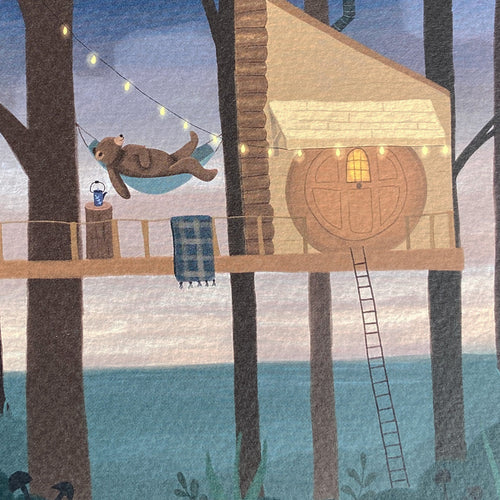 Close up greeting card illustration featuring a treehouse with a bear in a hammock in a forest setting