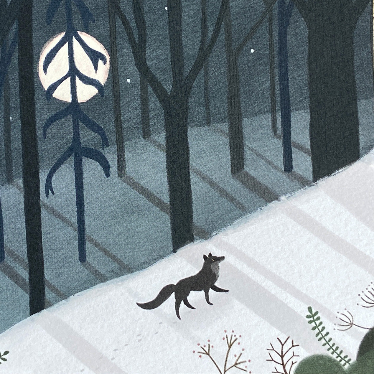 Close up greeting card illustration of a wolf in a snowy forest with a moonlit sky.